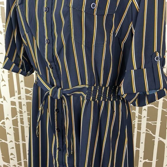 Millenium Navy Blue Mustard Yellow Striped Button Front Shirt Dress sz L - Picture 4 of 7